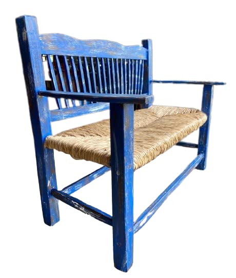 Banca De Madera Artesanal Azul Estilo Vintage Antiguo