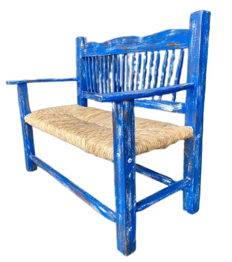 Banca De Madera Artesanal Azul Estilo Vintage Antiguo