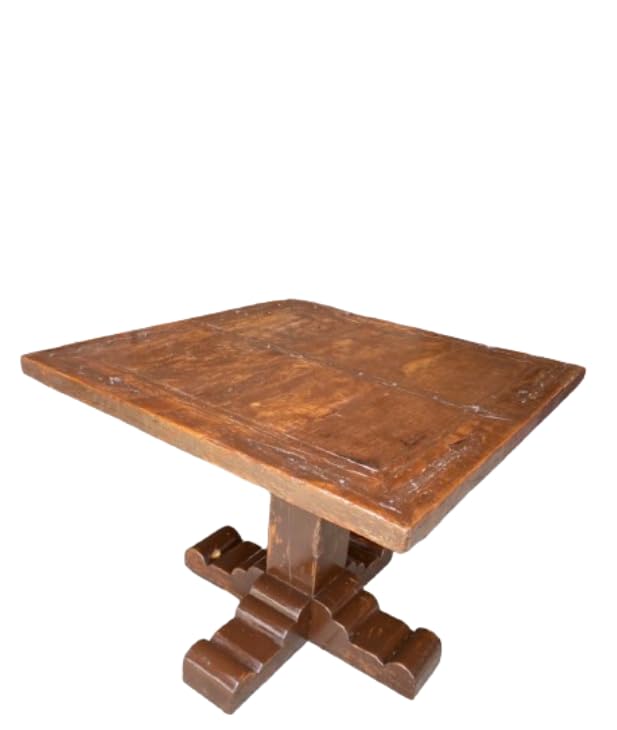 Mesa de comedor rústica hecha a mano, 1m x 1m x 77cm, madera de 200 años, cubierta de puerta antigua, patas de techo de finca