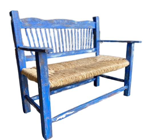 Banca De Madera Artesanal Azul Estilo Vintage Antiguo