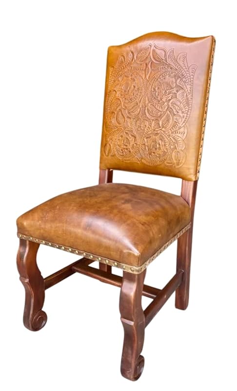 Silla Artesanal De Parota Y Piel Cincelada Estilo Antiguo