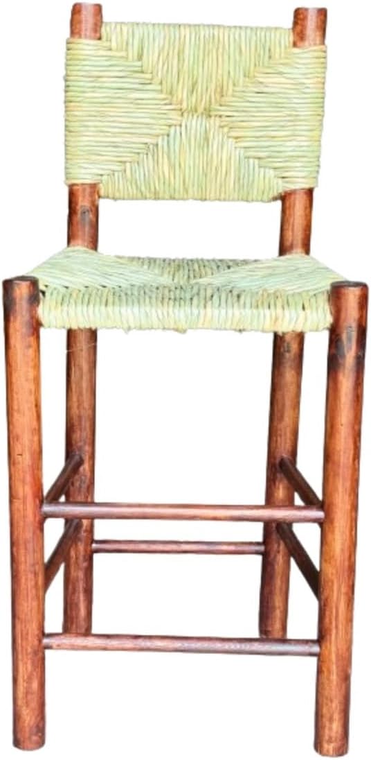 Handcrafted solid wood bench with woven tulle seat, 75 cm high, protected with wax and marine varnish