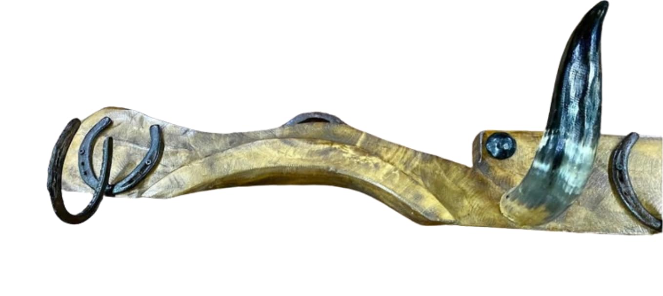 Perchero Exclusivo de Madera Antigua con Herraduras y Cuernos de Toro