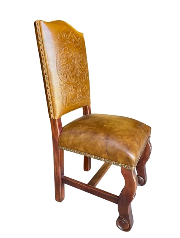 Silla Artesanal De Parota Y Piel Cincelada Estilo Antiguo
