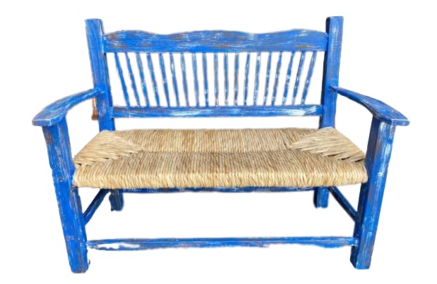 Banca De Madera Artesanal Azul Estilo Vintage Antiguo