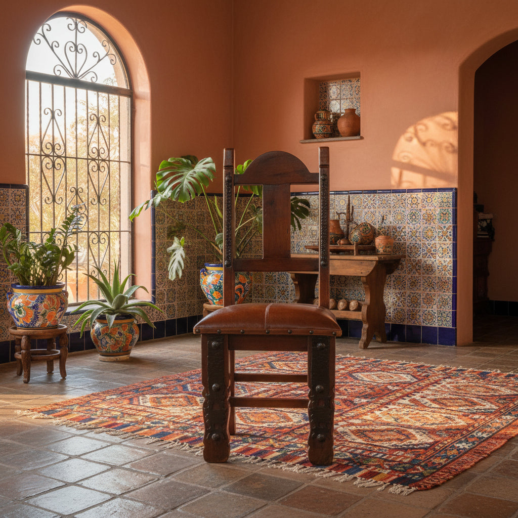 Silla de Mezquite con Asiento de Piel de Res y Herrajes.