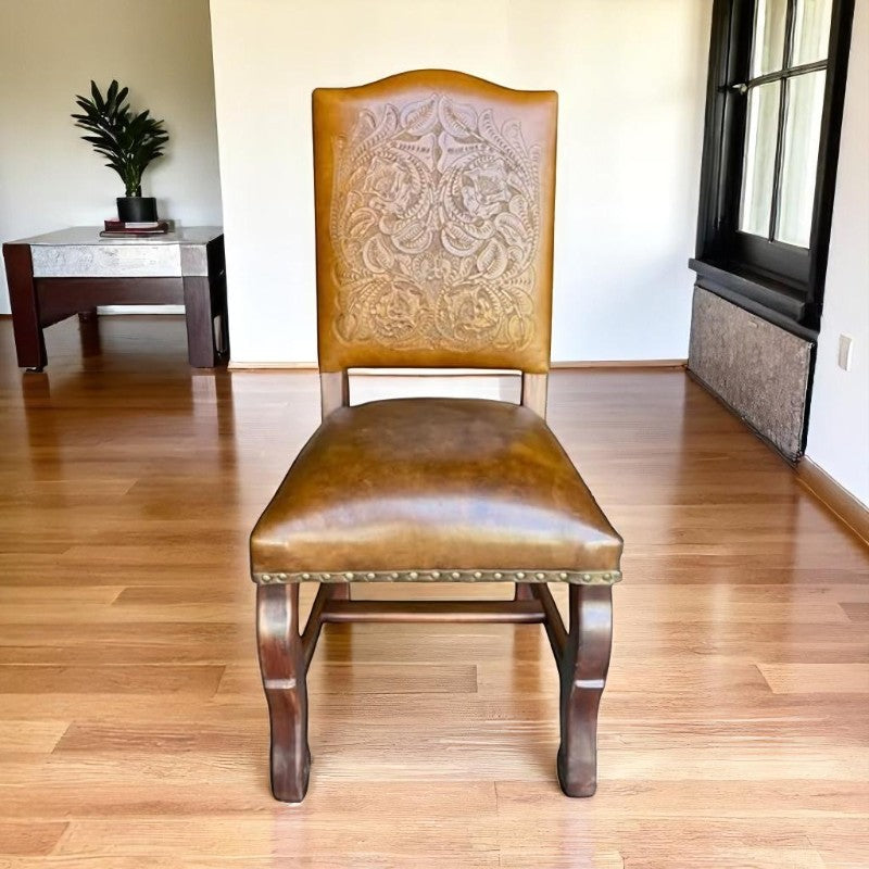 Silla Artesanal De Parota Y Piel Cincelada Estilo Antiguo