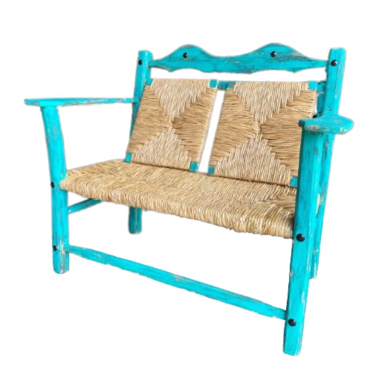 Vintage Turquoise Handcrafted Bench for 2 People, Antique Style. Very Comfortable for Outdoor Garden, Made of Sustainable Wood, Modern Terrace