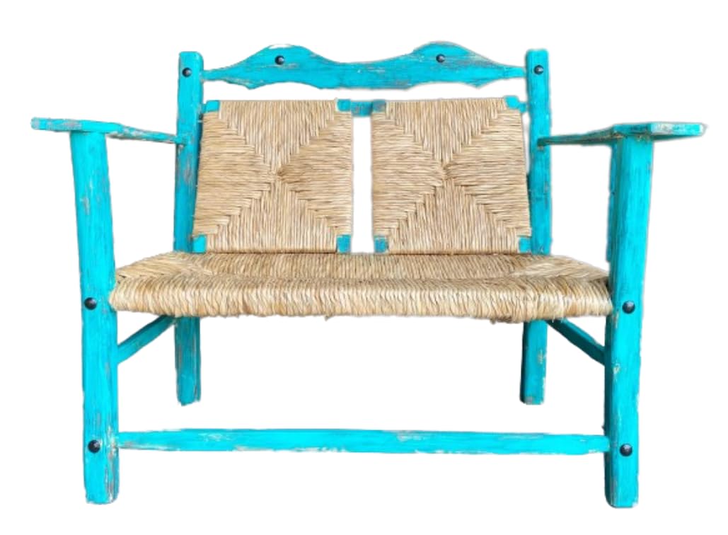 Banca Artesanal Vintage Turquesa 2 Personas Estilo Antiguo. Muy Comoda para jardin exterior de madera sustentable Moderna Terraza