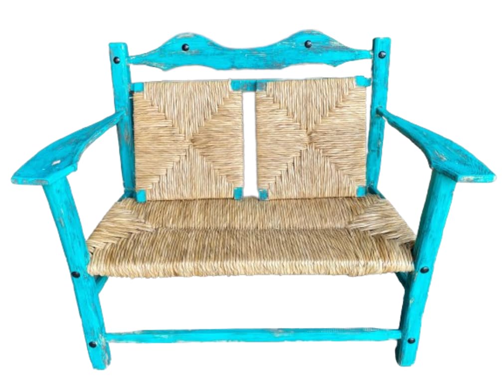 Banca Artesanal Vintage Turquesa 2 Personas Estilo Antiguo. Muy Comoda para jardin exterior de madera sustentable Moderna Terraza