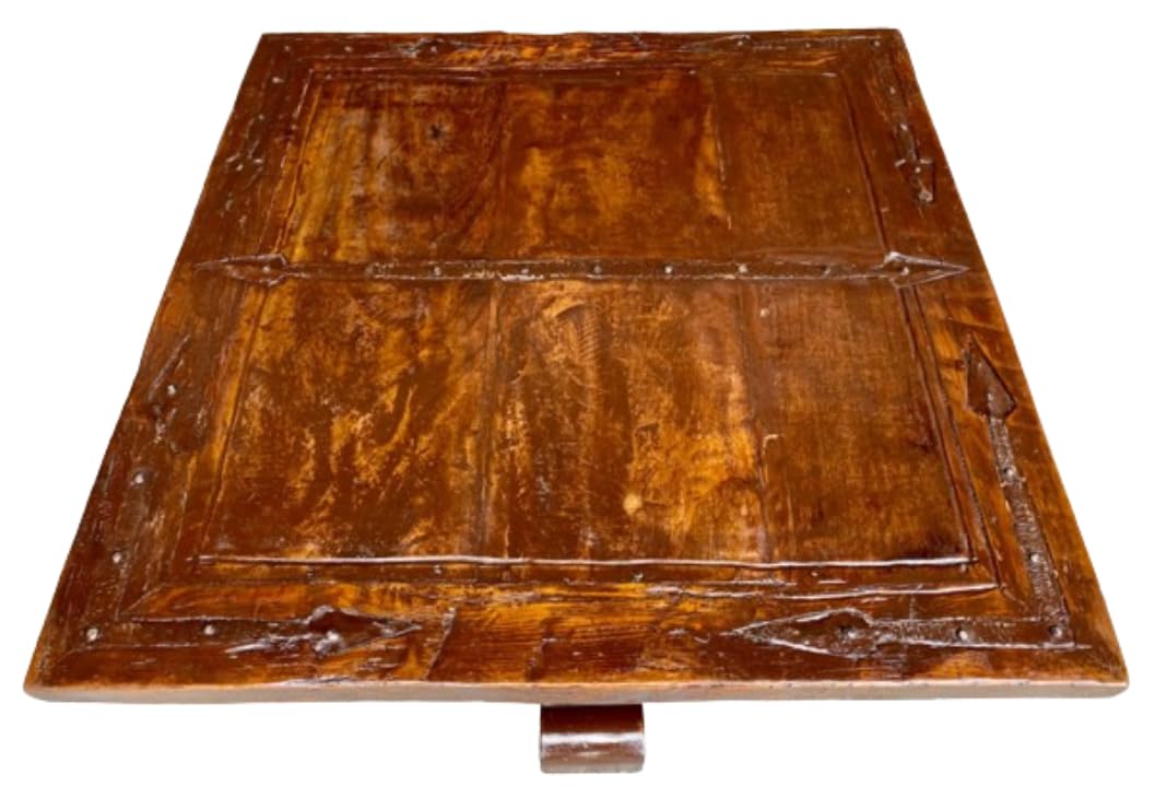 Mesa de comedor rústica hecha a mano, 1m x 1m x 77cm, madera de 200 años, cubierta de puerta antigua, patas de techo de finca