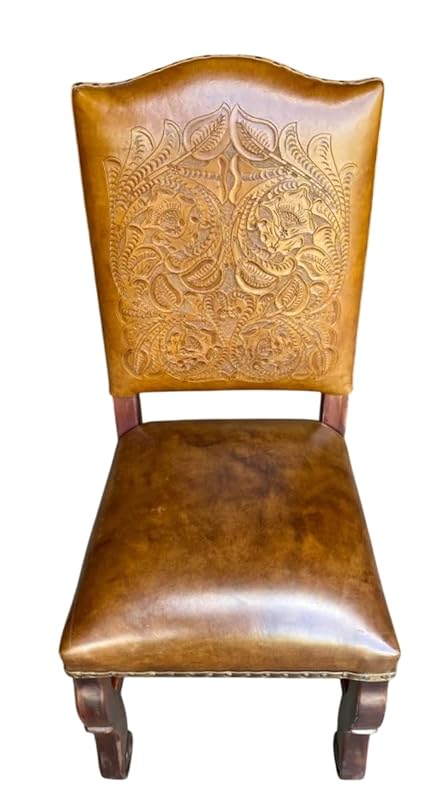 Silla Artesanal De Parota Y Piel Cincelada Estilo Antiguo