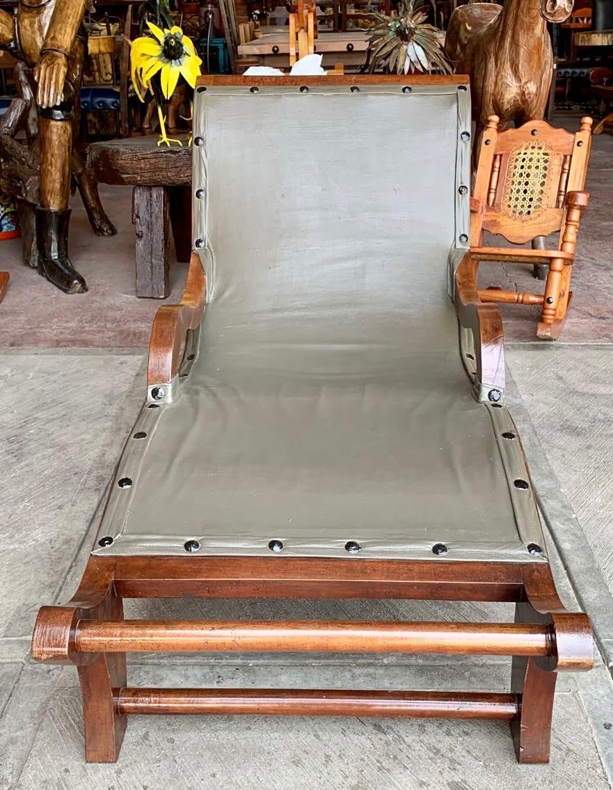 Camastro Artesanal Madera De Mezquite Y Piel Estilo Antiguo.