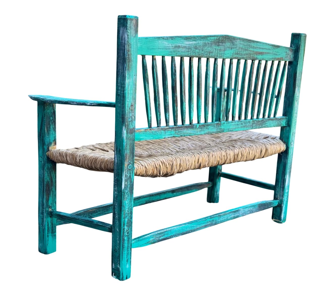 Banca artesanal de madera maciza con asiento tejido con tule, decoradas con hierro forjado, cera pulida a mano