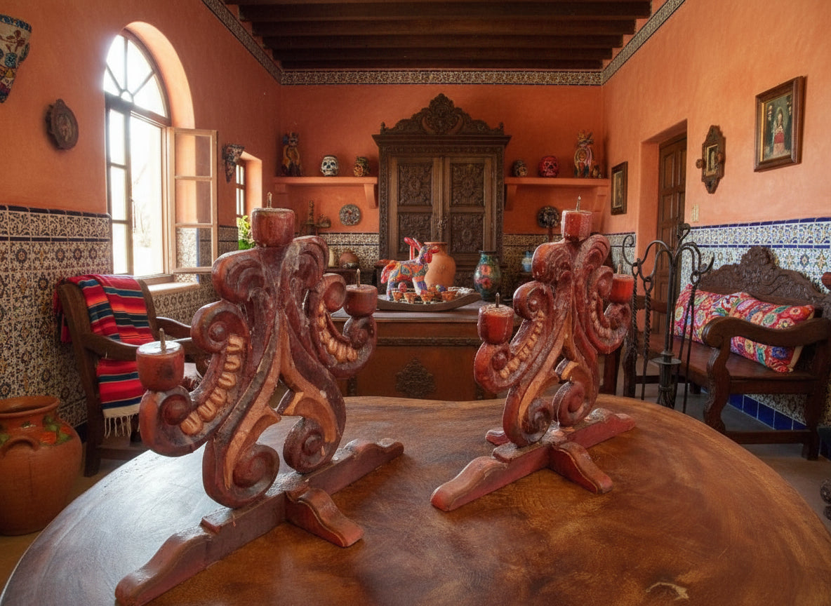 Pair of Antique Hand-Carved Wooden Candlesticks (Used)