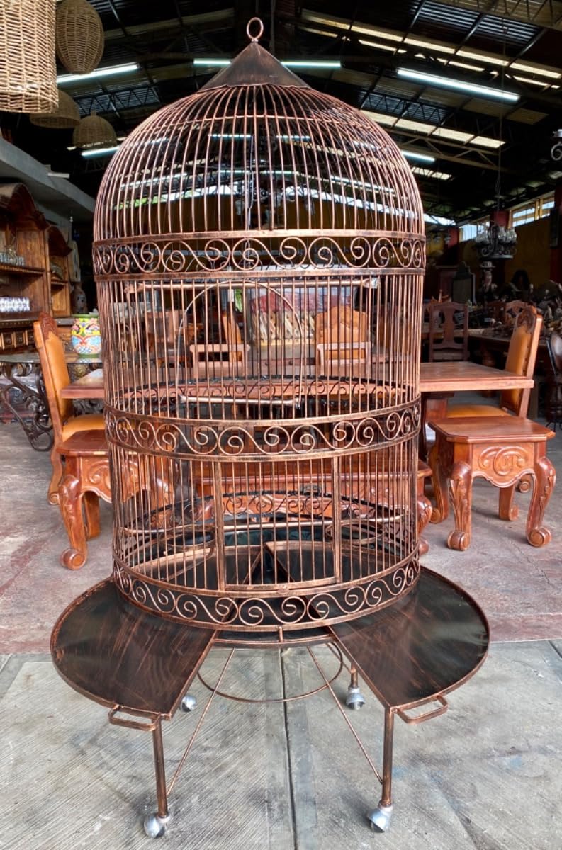 Jaula de metal colonial con base independiente, altura 1,90 m, con ruedas, blanco, negro, cobre