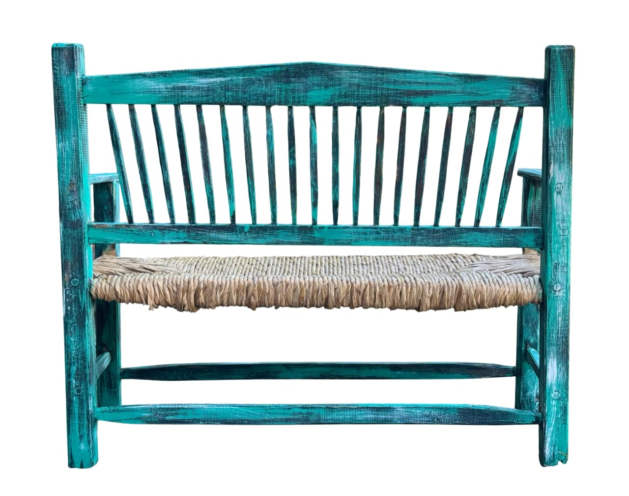 Banca artesanal de madera maciza con asiento tejido con tule, decoradas con hierro forjado, cera pulida a mano