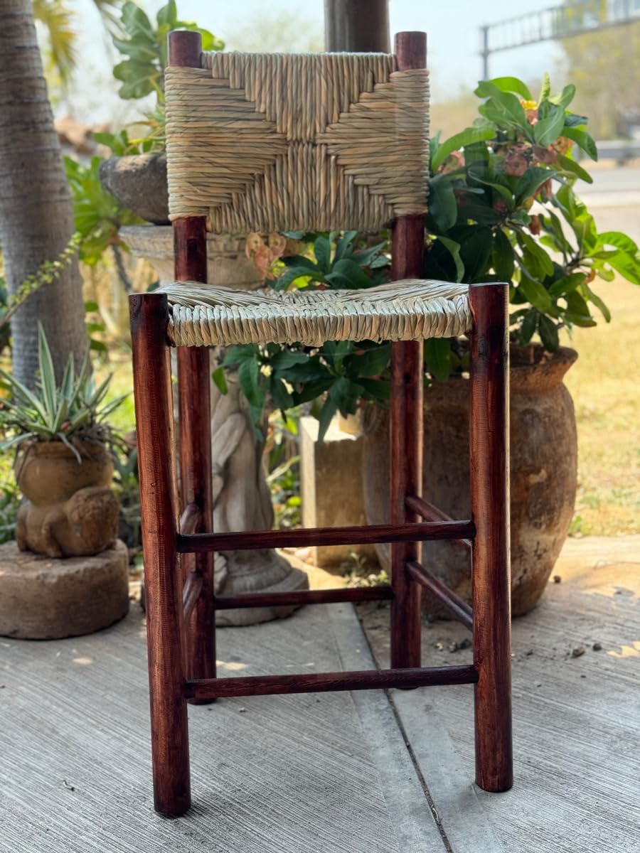 Handcrafted solid wood bench with woven tulle seat, 75 cm high, protected with wax and marine varnish