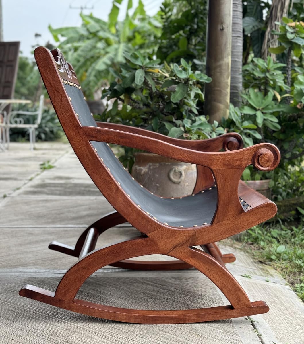 Miguelito Mesquite Leather Rocking Chair, Antique Style