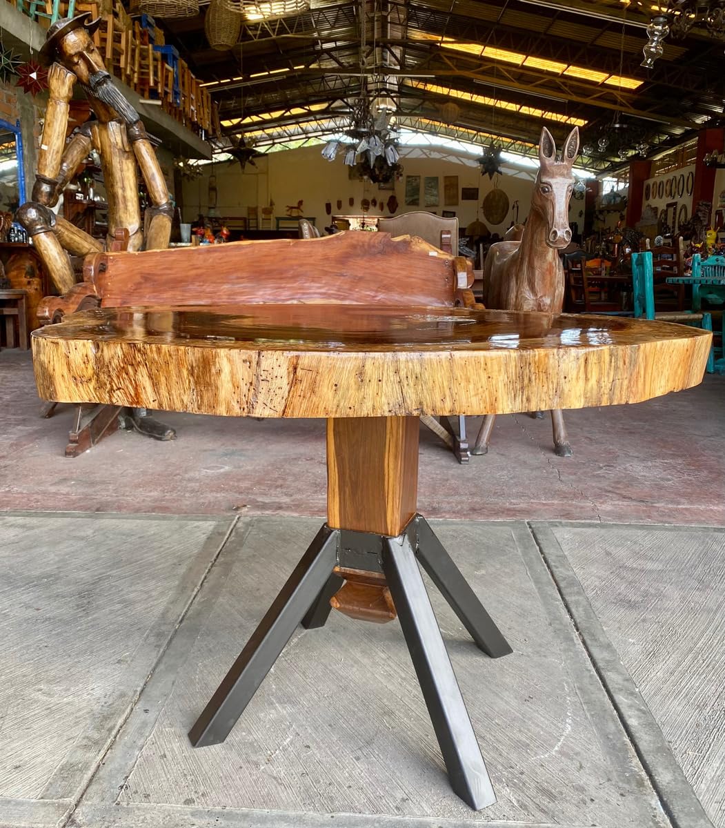 Mesa Comedor Redonda Rodaja Parota 4 Personas Estilo Antiguo