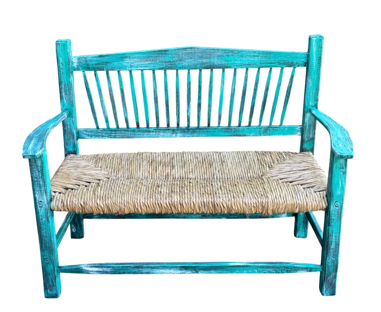 Banca artesanal de madera maciza con asiento tejido con tule, decoradas con hierro forjado, cera pulida a mano
