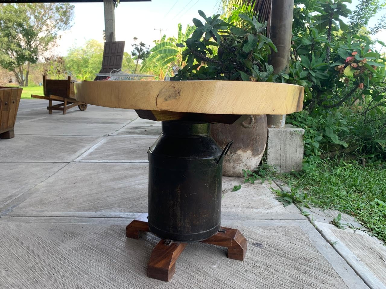 Mesa de Centro de Madera de Parota con Base de Bote Lechero