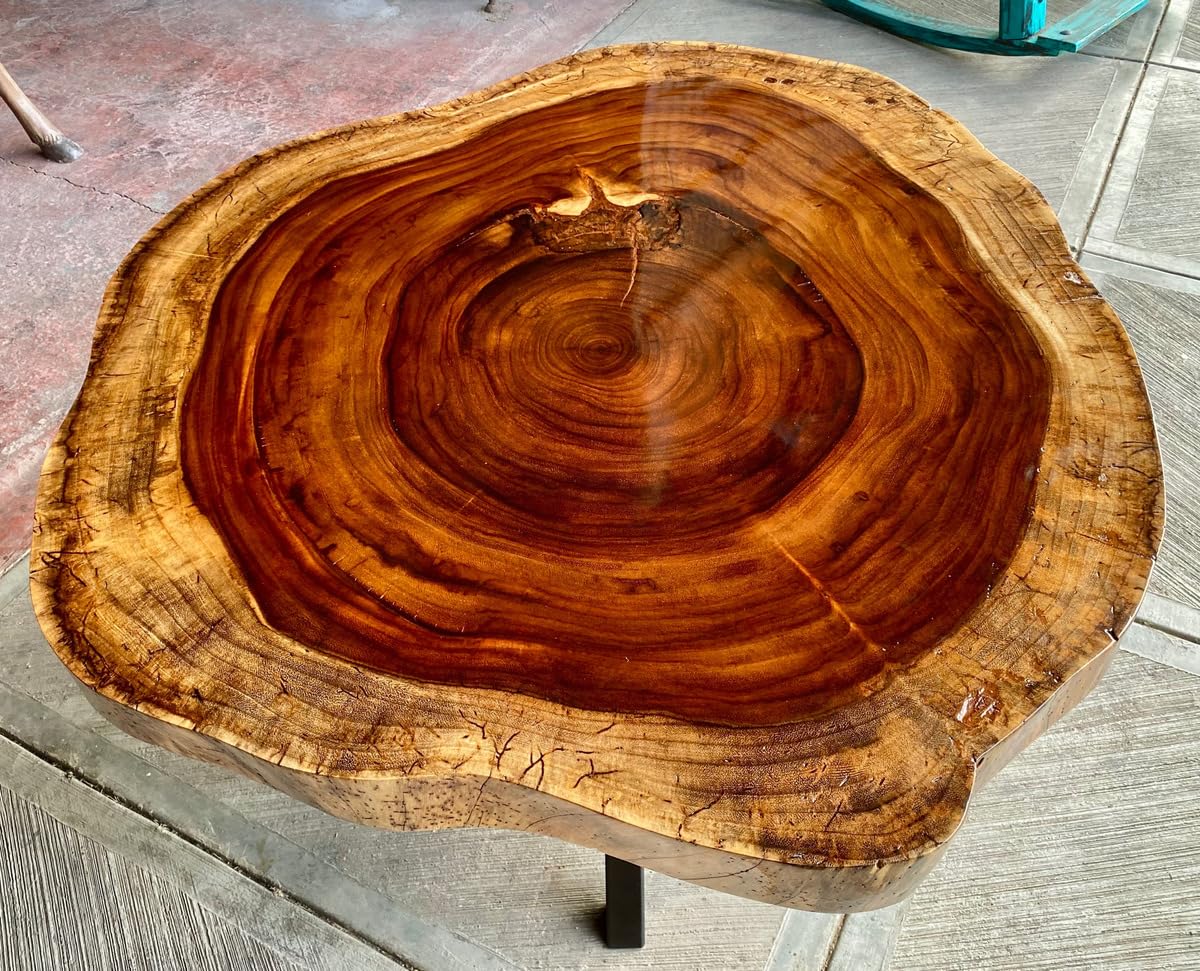 Rodaja Parota Round Dining Table for 4 People, Antique Style