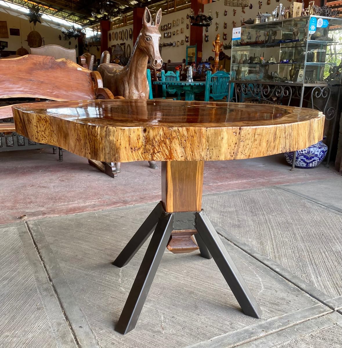 Mesa Comedor Redonda Rodaja Parota 4 Personas Estilo Antiguo