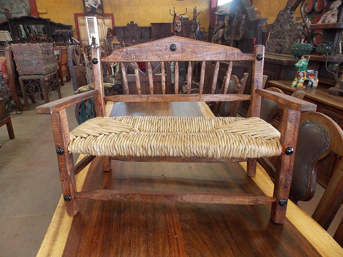 Wooden bench with antique-style fabric. For children.