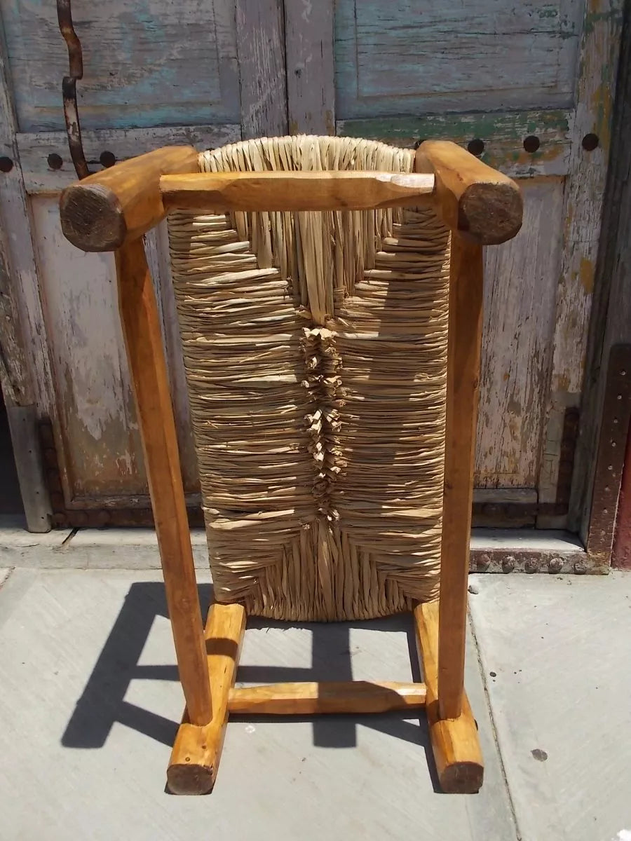 Handcrafted woven wooden bench with tulle. Antique style.