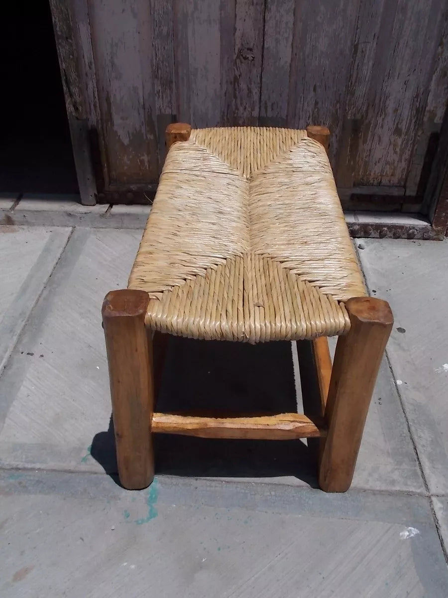 Handcrafted woven wooden bench with tulle. Antique style.