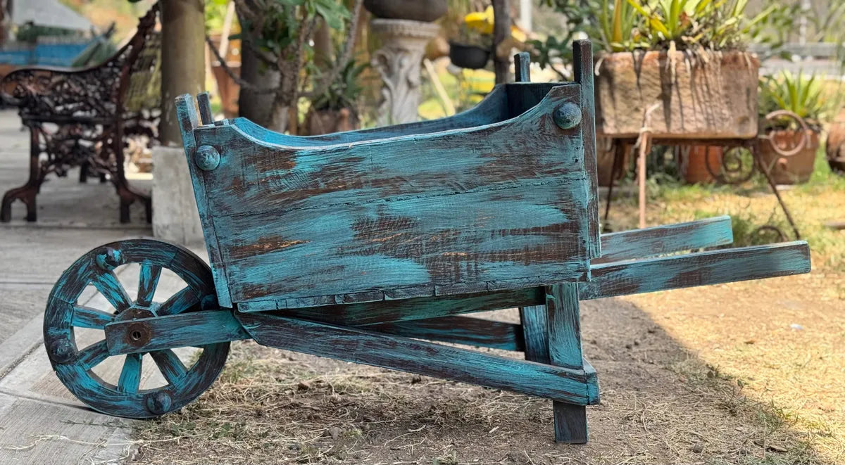 Maceta Carretilla Artesanal Madera De Encino Vintage Antiguo