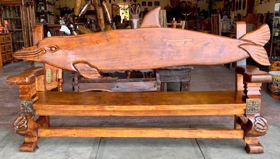 Antique Original Bench for 4 to 5 People, Carved Dolphin Wood.