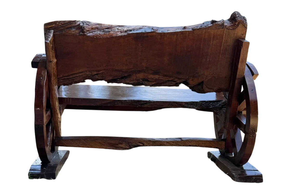 Banca de madera de mezquite antigua de 2 pulgadas (5 cm) de grosor, hecha a mano, para 2 personas, con respaldo antiguo, ruedas originales, más de 100 años