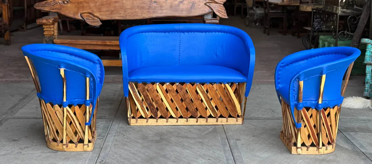 Blue Equipal Wood and Leather Antique Style Handcrafted Room.