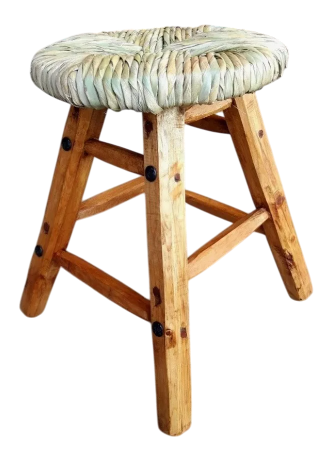 Pair of handcrafted benches. Wood and antique-style tulle fabric.