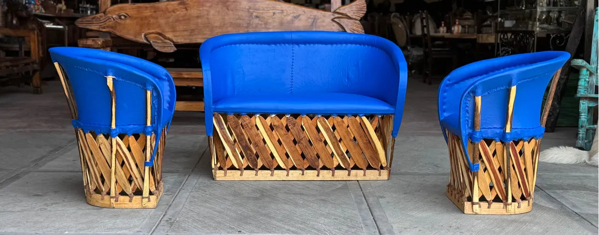 Blue Equipal Wood and Leather Antique Style Handcrafted Room.