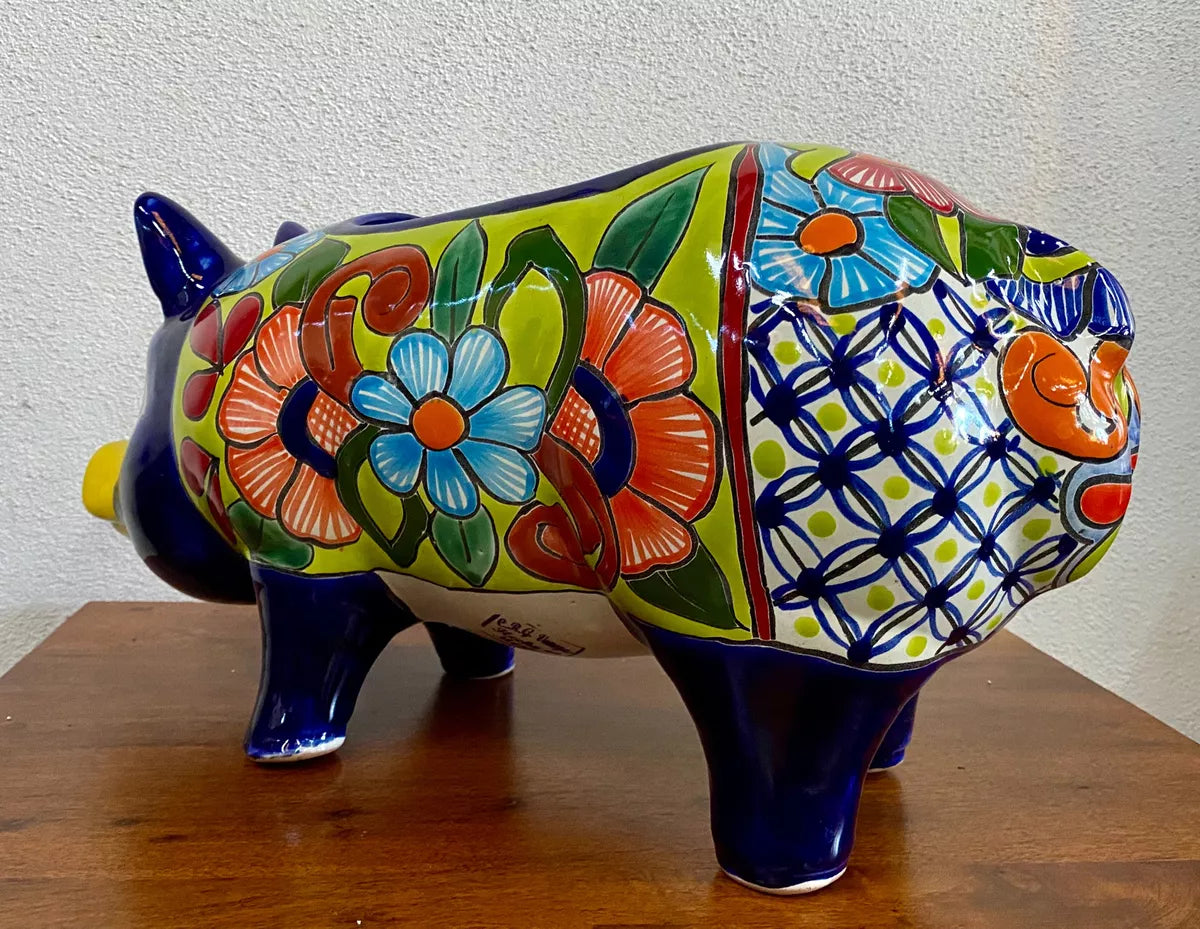 Bella Maceta Cerdo Exclusivo En Talavera Fina Estilo Antiguo