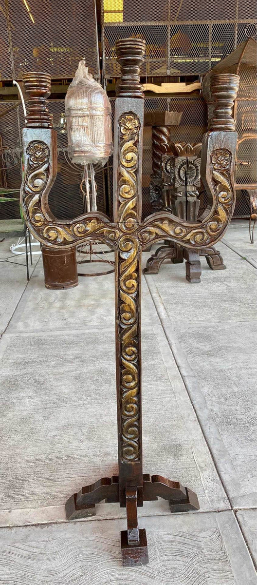 Antique and original hand-carved wooden candlestick