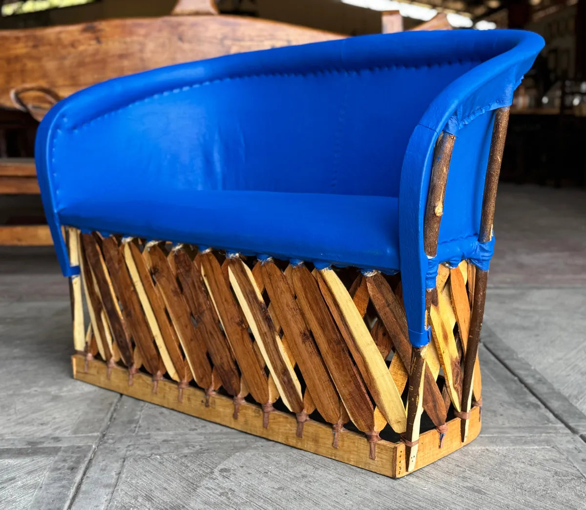 Blue Equipal Wood and Leather Antique Style Handcrafted Room.