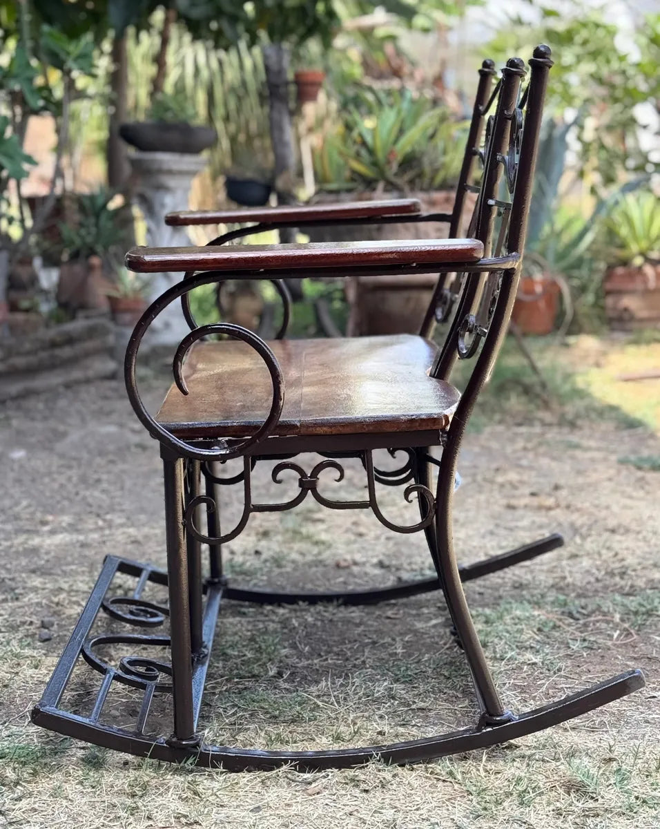 Antique Style Wrought Iron and Parota Rocking Bench