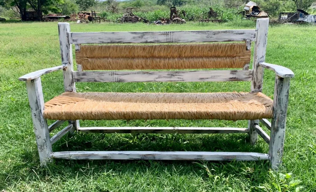 Vintage White Handcrafted Bench 3 Person Antique Style.