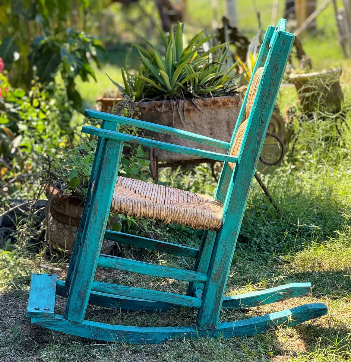 Vintage Turquoise Style Sustainable Wooden Rocking Chair.