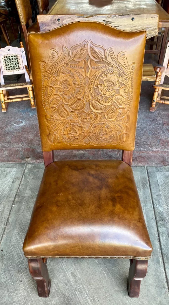 Handcrafted Parota and Chiseled Leather Chair, Antique Style