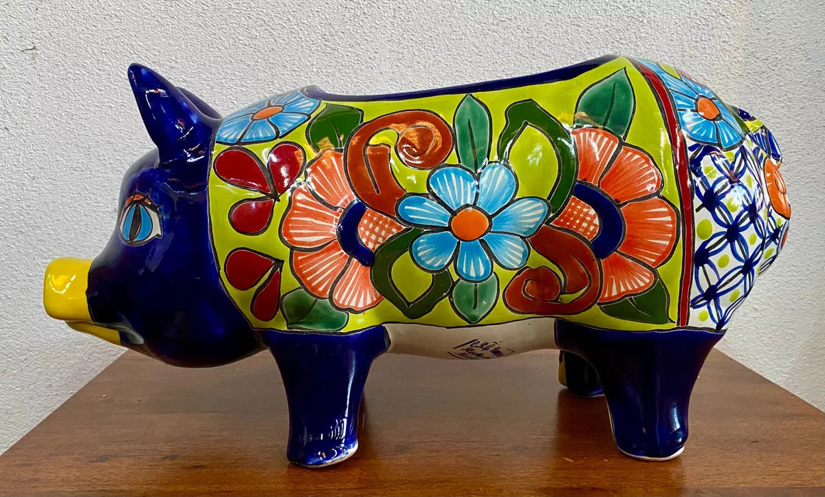 Bella Maceta Cerdo Exclusivo En Talavera Fina Estilo Antiguo