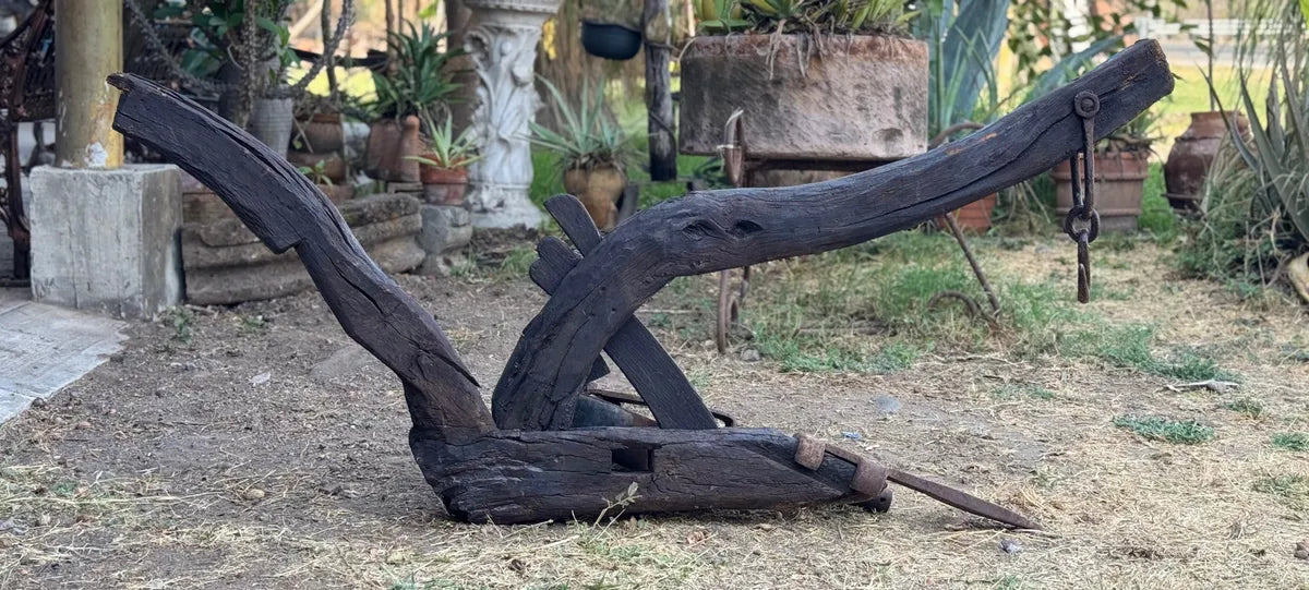 Old and original wooden plow with a share