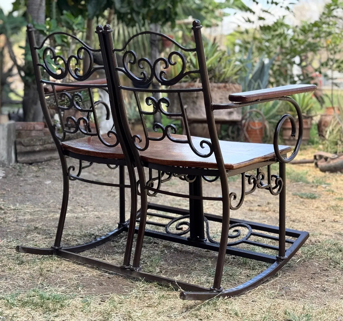 Antique Style Wrought Iron and Parota Rocking Bench
