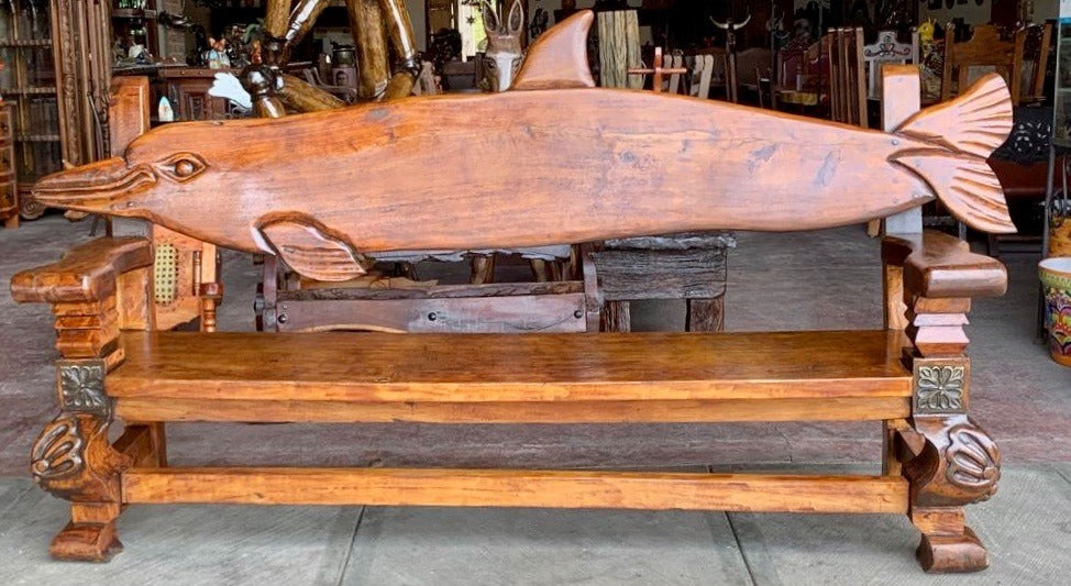 Antique Original Bench for 4 to 5 People, Carved Dolphin Wood.