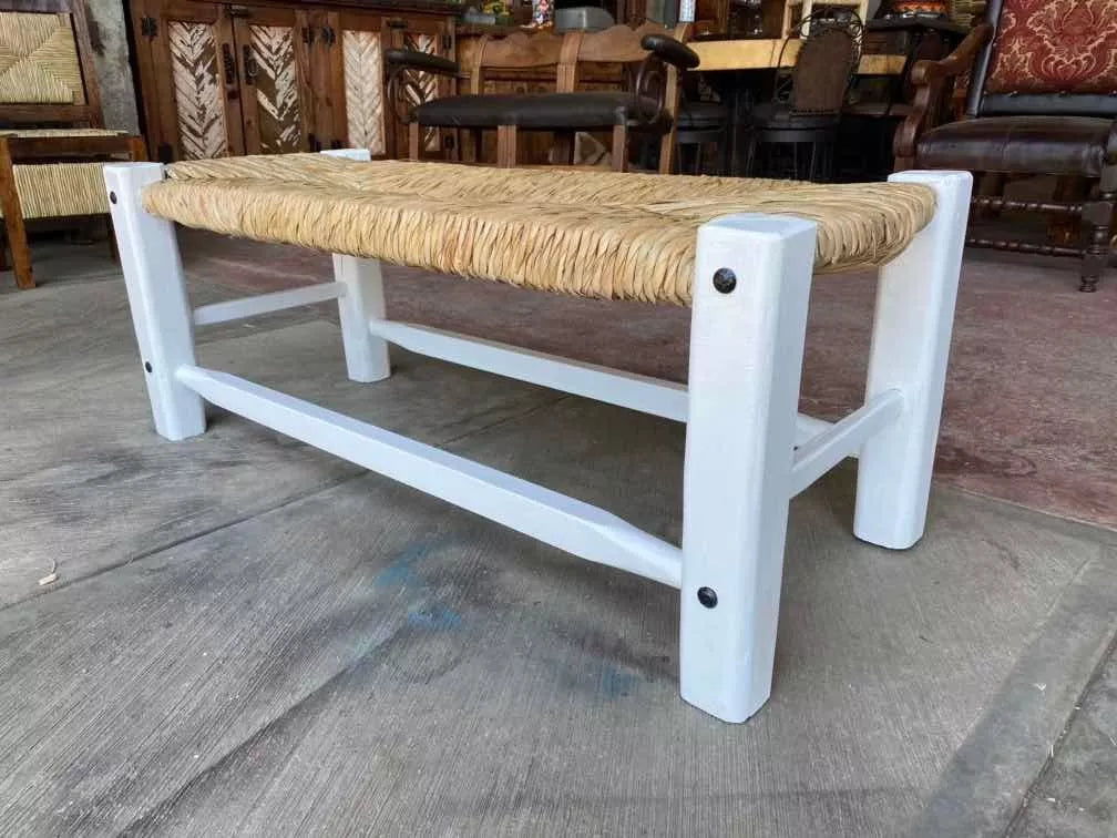Banca Artesanal Blanca Madera Forja Tule Estilo Antiguo 80cm