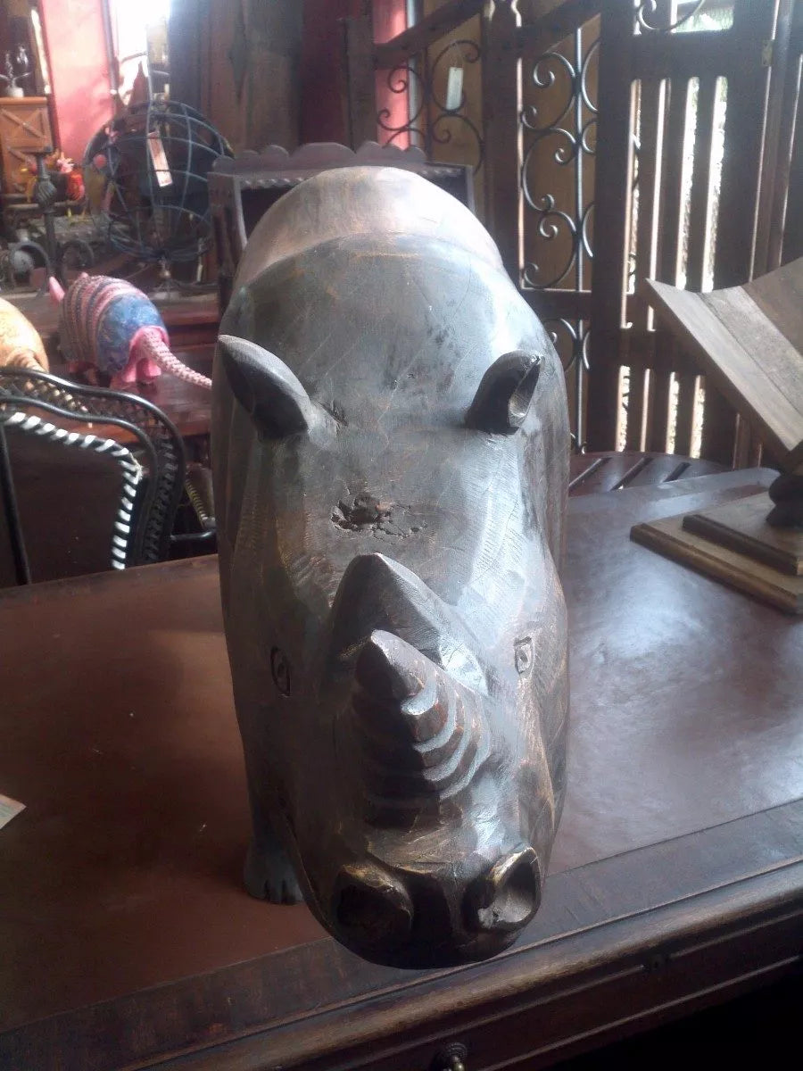 Antique Large Wooden Rhinoceros Sculpture